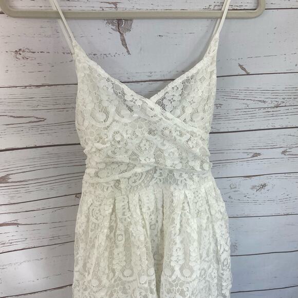 Lulus S Ivory Floral Lace Overlay Satin Tie Back Wrap Eyelash A-line Midi Dress - Picture 6 of 14